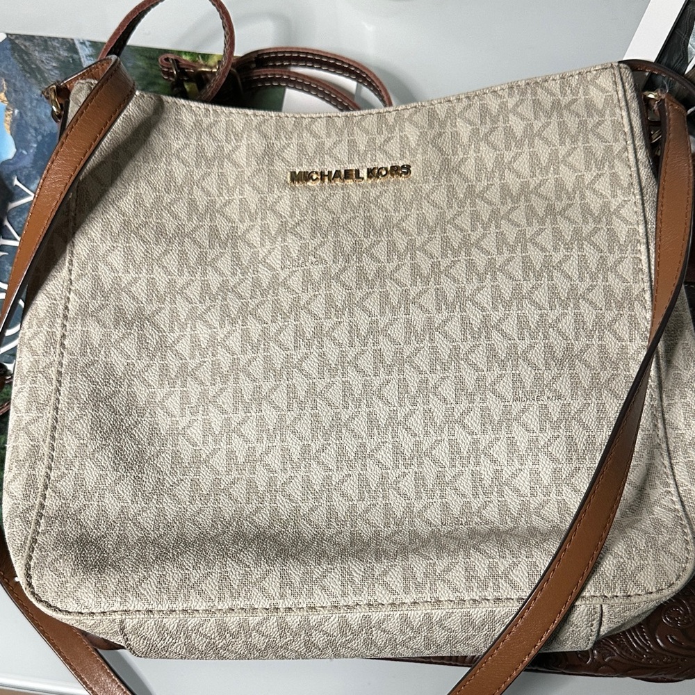 Michael Kors Cream and Brown Crossbody Bag